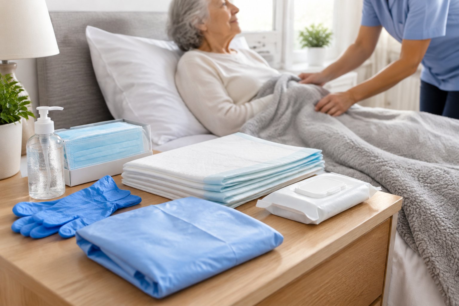 Pflegehilfsmittel liegen auf einem Tisch neben einem Bett, während eine Pflegeperson einer älteren Person hilft.