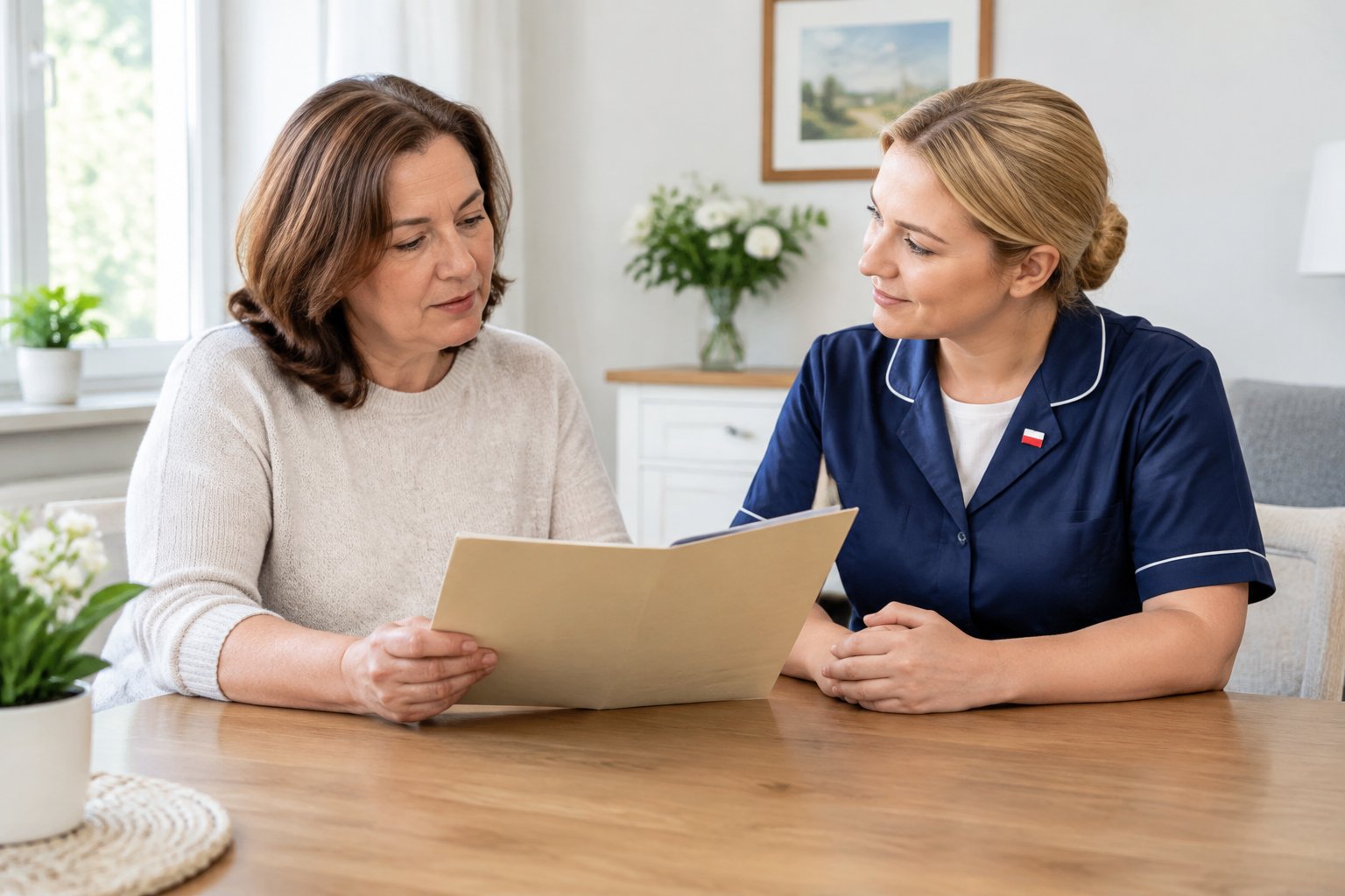 Ein Angehöriger und eine polnische Pflegekraft besprechen gemeinsam Unterlagen an einem Tisch.